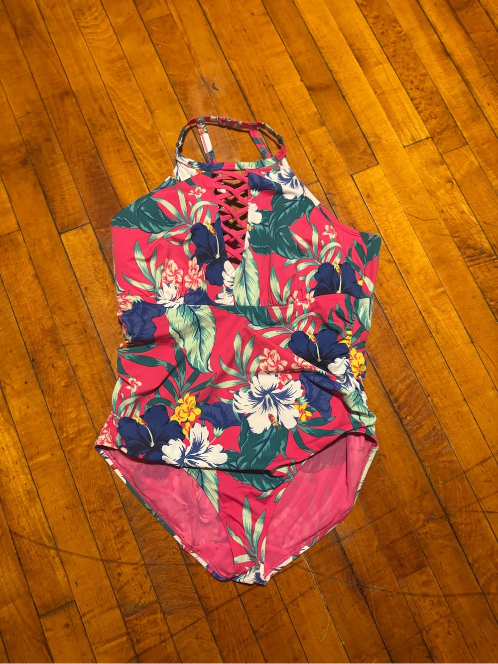 Swim by Cacique High-Neck Tropical Floral One-Piece Swimsuit w/ Lace-Up Front